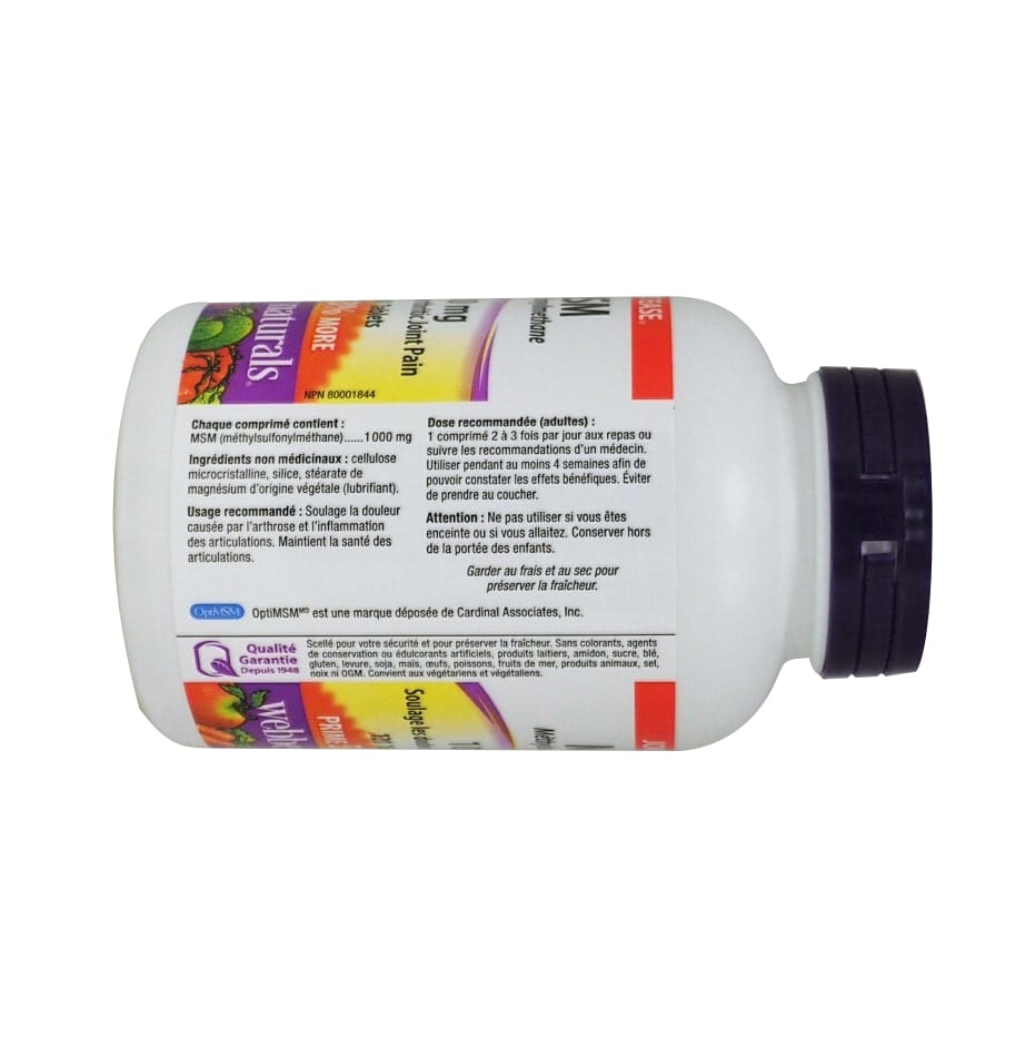 Product ingredient, purpose, dose, and caution for webber naturals MSM 1000mg in French