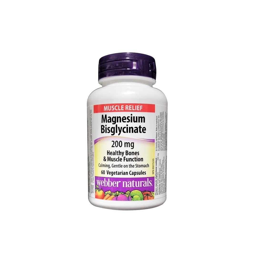 Product label for webber naturals Magnesium Bisglycinate 200 mg (60 capsules) in English