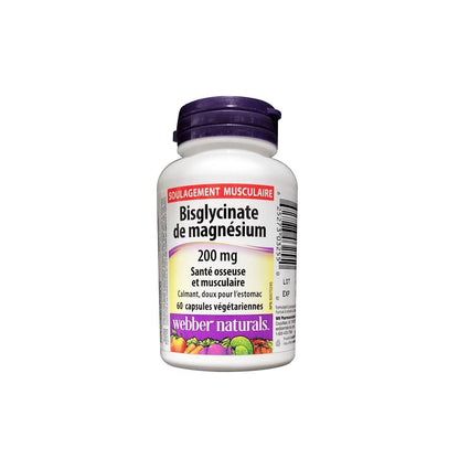 Product label for webber naturals Magnesium Bisglycinate 200 mg (60 capsules) in French
