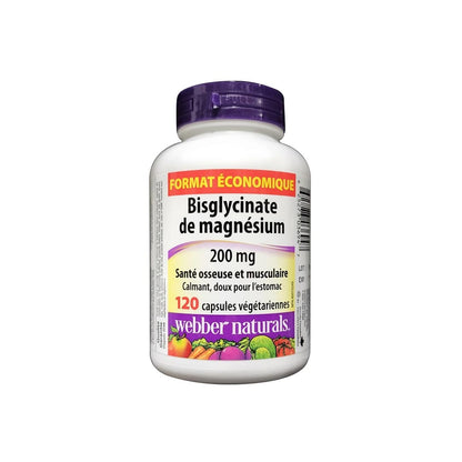 Product label for webber naturals Magnesium Bisglycinate 200 mg (120 capsules) (Value Size) in French