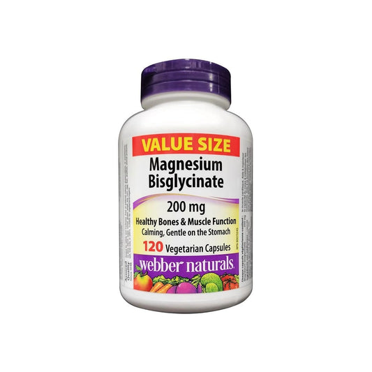 Product label for webber naturals Magnesium Bisglycinate 200 mg (120 capsules) (Value Size) in English