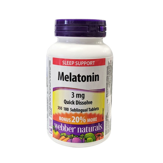 Product label for webber naturals Melatonin 3mg (180 sublingual tablets) (20% bonus) in English