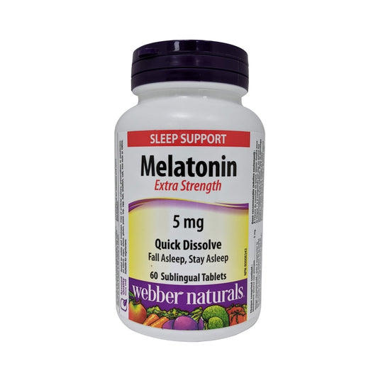 Product label for webber naturals Melatonin Extra Strength 5mg 60s in English