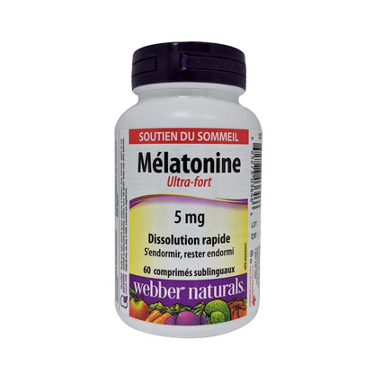 Product label for webber naturals Melatonin Extra Strength 5mg 60s in French