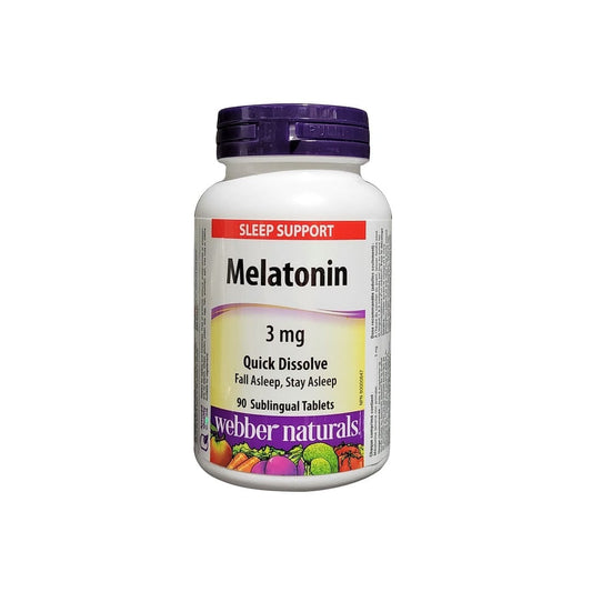 Product label for webber naturals Melatonin 3mg (90 sublingual tablets) in English