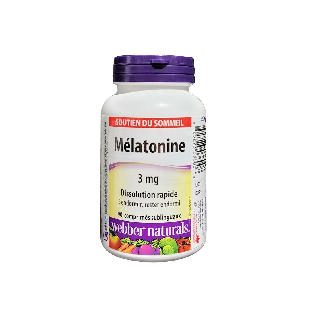Product label for webber naturals Melatonin 3mg (90 sublingual tablets) in French