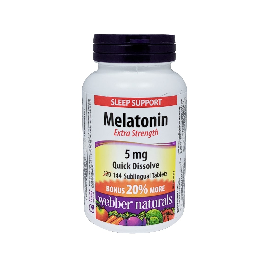 Product label for webber naturals Melatonin Extra Strength 5mg 144s in English