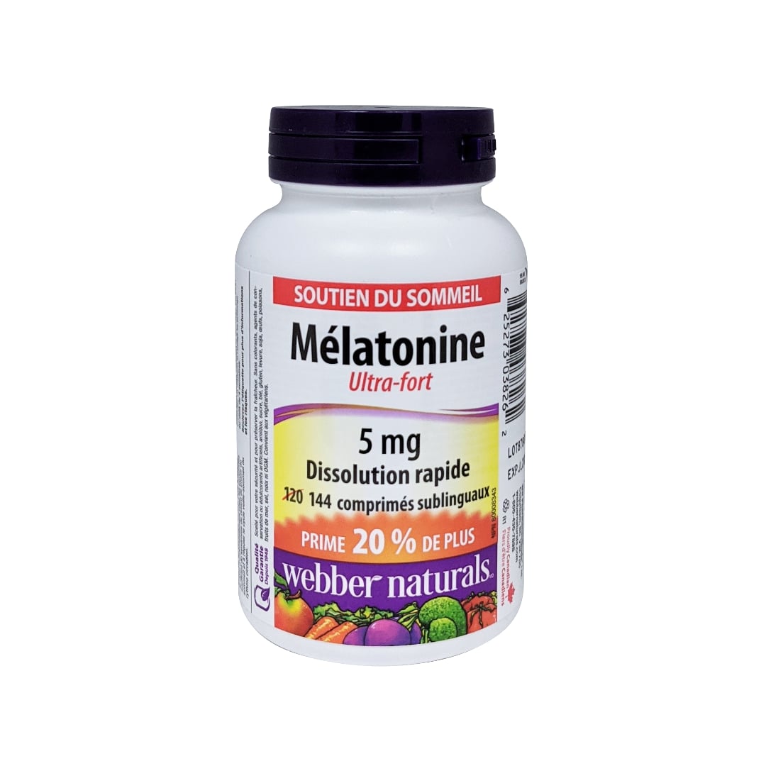Product label for webber naturals Melatonin Extra Strength 5mg 144s in French