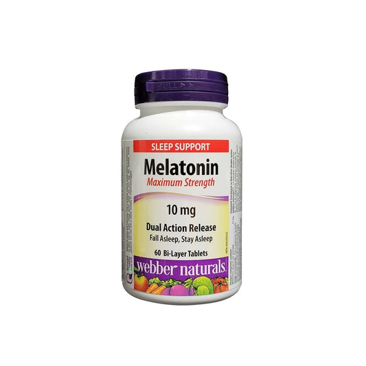 Product label for webber naturals Melatonin Maximum Strength 10 mg Dual Action Release (60 tablets) in English