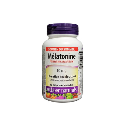 Product label for webber naturals Melatonin Maximum Strength 10 mg Dual Action Release (60 tablets)in French