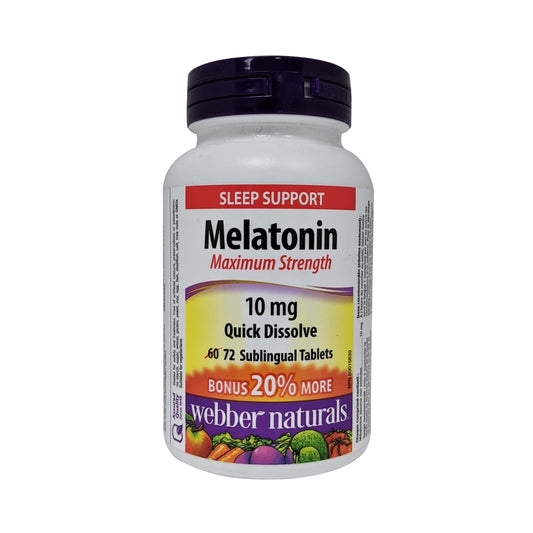 Product label for webber naturals Melatonin Maximum Strength 10mg Quick Dissolve in English