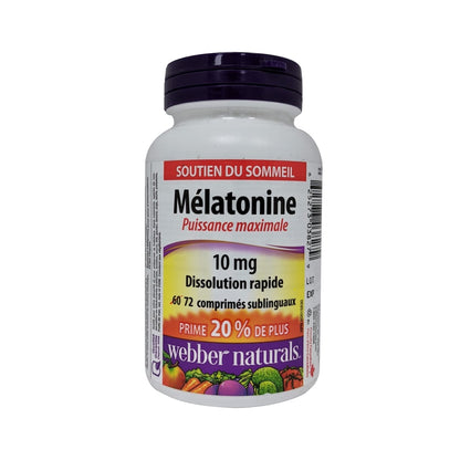 Product label for webber naturals Melatonin Maximum Strength 10mg Quick Dissolve in French