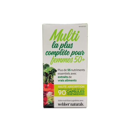 Product label for webber naturals Most Complete Multi Vegi Capsules for Women 50+ (90 capsules) in French
