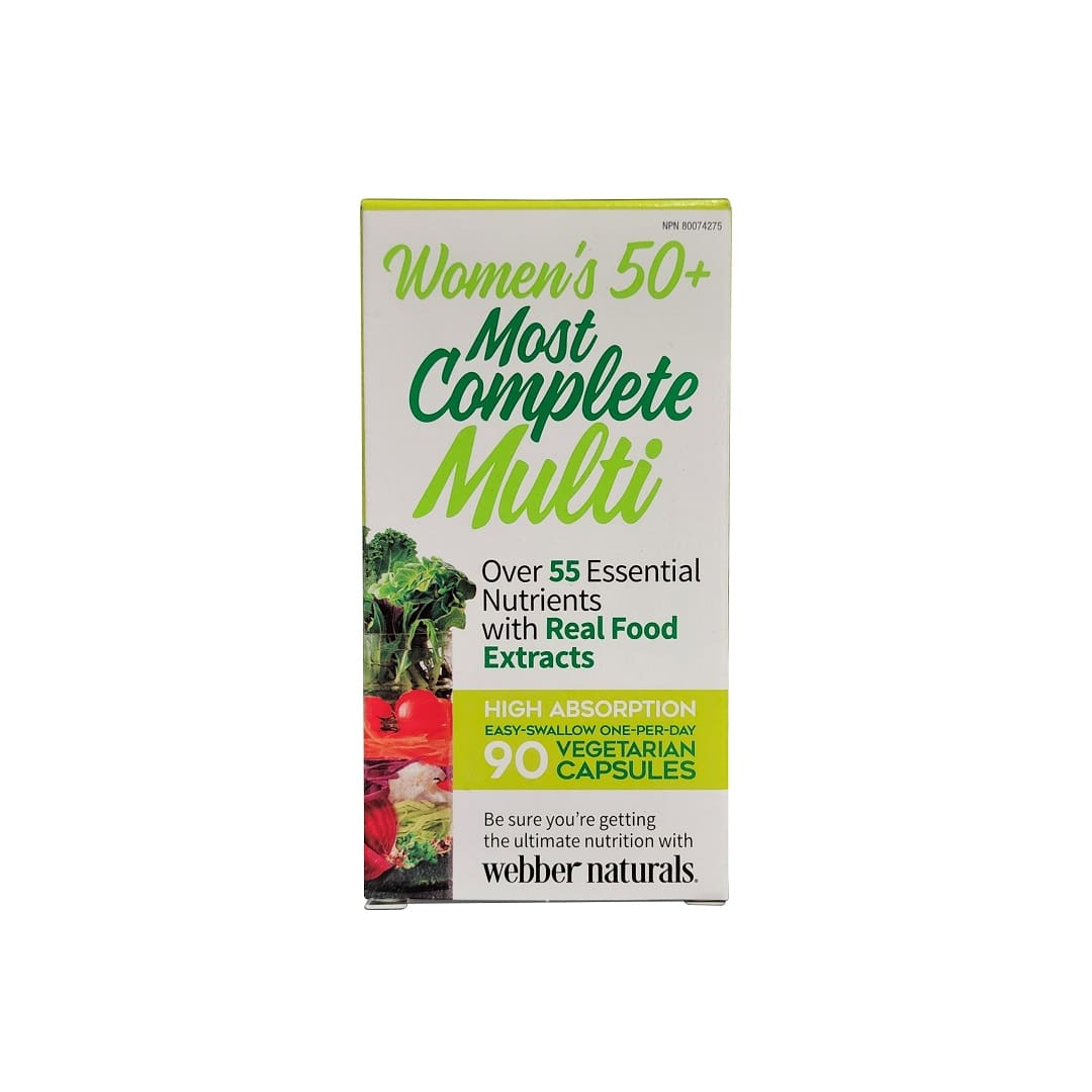 Product label for webber naturals Most Complete Multi Vegi Capsules for Women 50+ (90 capsules) in English