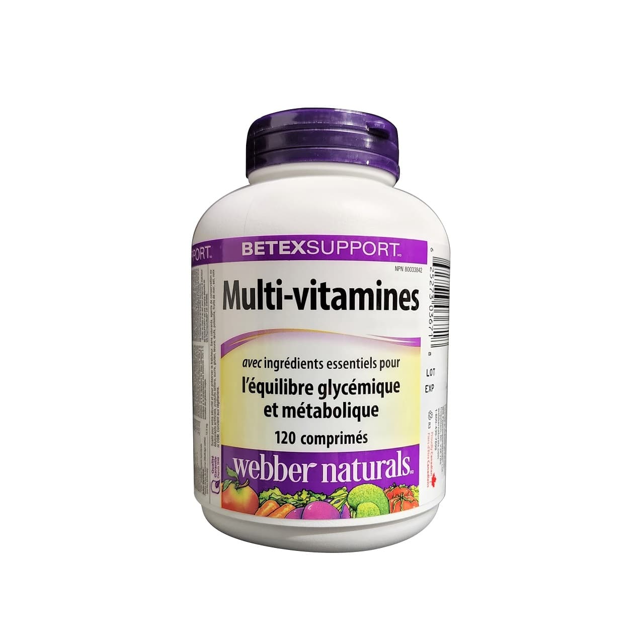 Product label for webber naturals Betex Support Multivitamin (120 tablets) in French