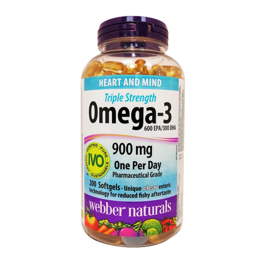 Product label for webber naturals Omega-3 Triple Strength 900mg 200s in English