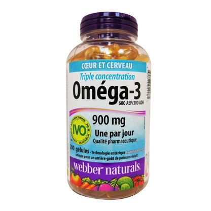 Product label for webber naturals Omega-3 Triple Strength 900mg 200s in French