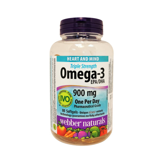 Product label for webber naturals Omega-3 Triple Strength 900mg 80s in English