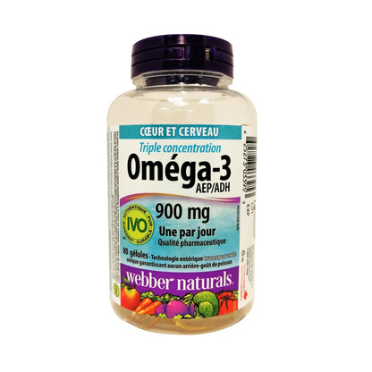 Product label for webber naturals Omega-3 Triple Strength 900mg 80s in French