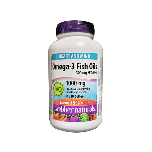 Product label for webber naturals Omega-3 Fish Oils 300 mg EPA/DHA (210 softgels) (15% Bonus) in English
