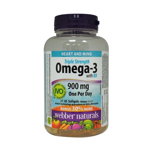 Product label for webber naturals Omega-3 Triple Strength 900mg EPA/DHA with Vitamin D3 in English