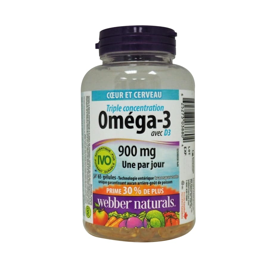 Product label for webber naturals Omega-3 Triple Strength 900mg EPA/DHA with Vitamin D3 in French