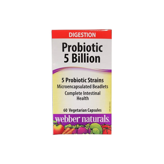Product label for webber naturals Probiotic 5 Billion with 5 Probiotic Strains (60 capsules) in English