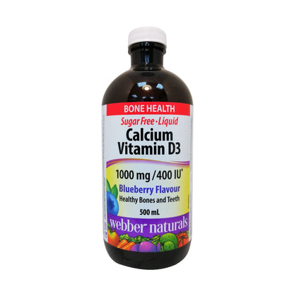 Product label for webber naturals Sugar-Free Liquid Calcium + Vitamin D3 Blueberry Flavour in English