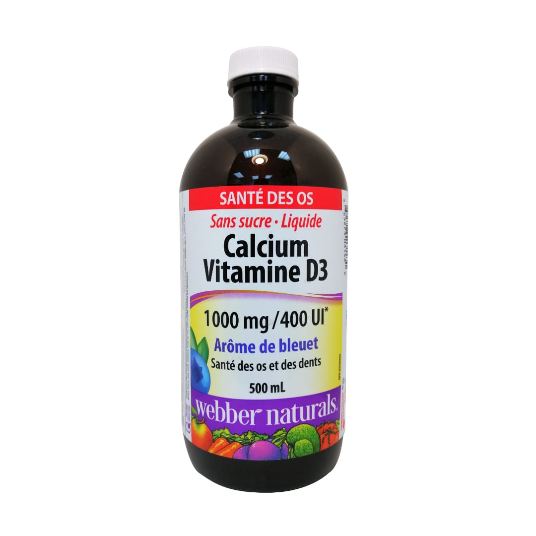 Product label for webber naturals Sugar-Free Liquid Calcium + Vitamin D3 Blueberry Flavour in French
