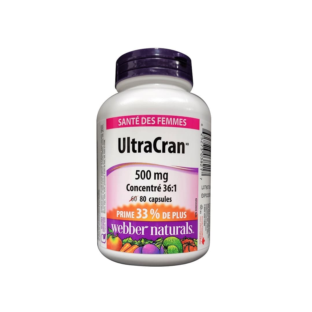 Product label for webber naturals UltraCran 500 mg 36:1 Concentrate (80 capsules) in French