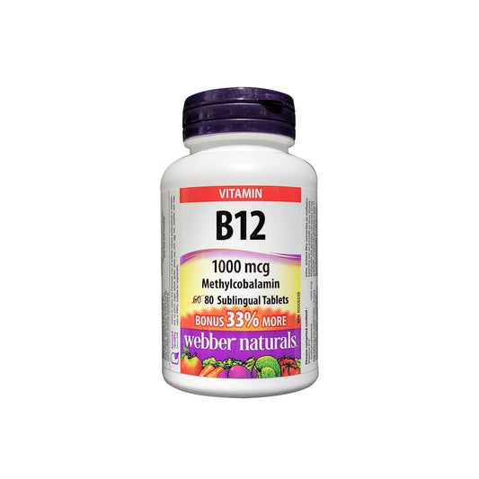 Product label for webber naturals Vitamin B12 1000mcg (80 sublingual tablets) (33% Bonus) in English