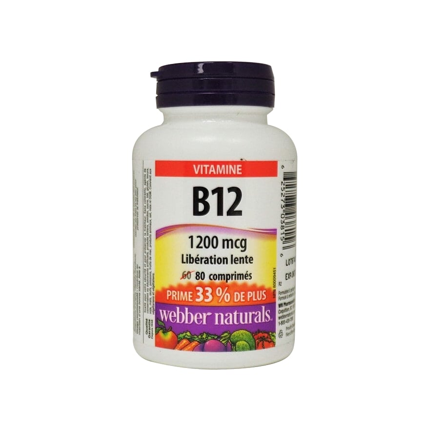 Product label for webber naturals Vitamin B12 1200mcg in French