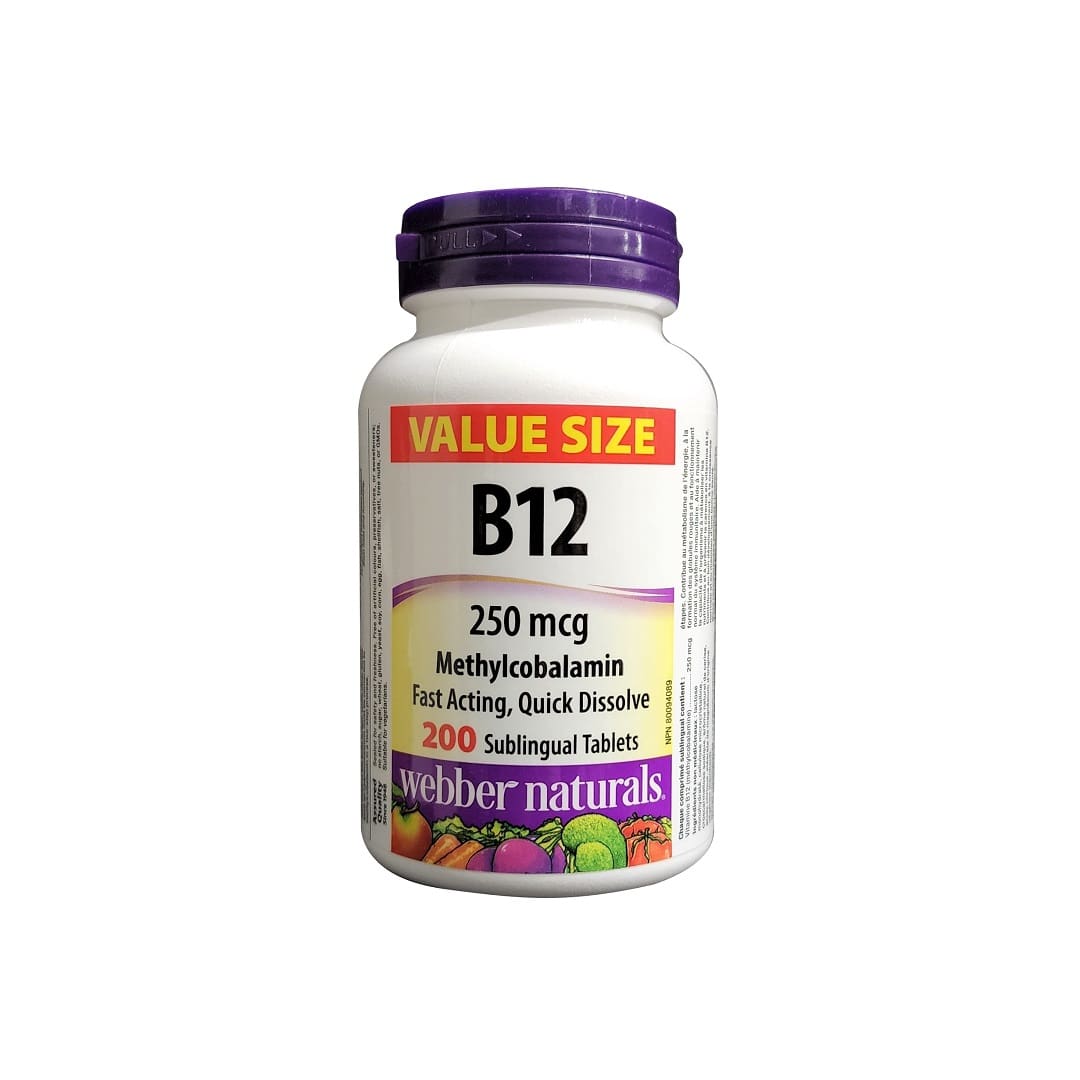 Product label for webber naturals Vitamin B12 250 mcg (200 sublingual tablets) (Value Size) in English