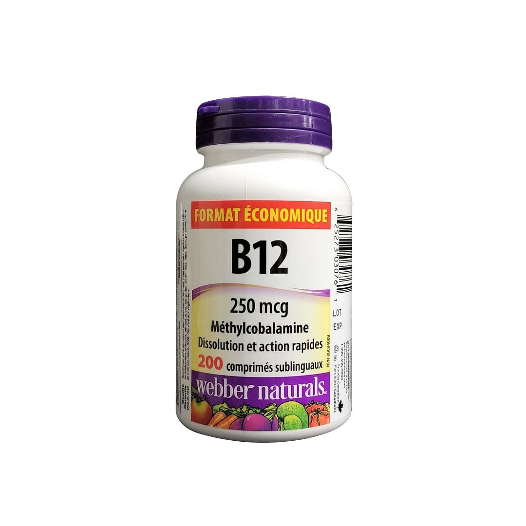 Product label for webber naturals Vitamin B12 250 mcg (200 sublingual tablets) (Value Size) in French
