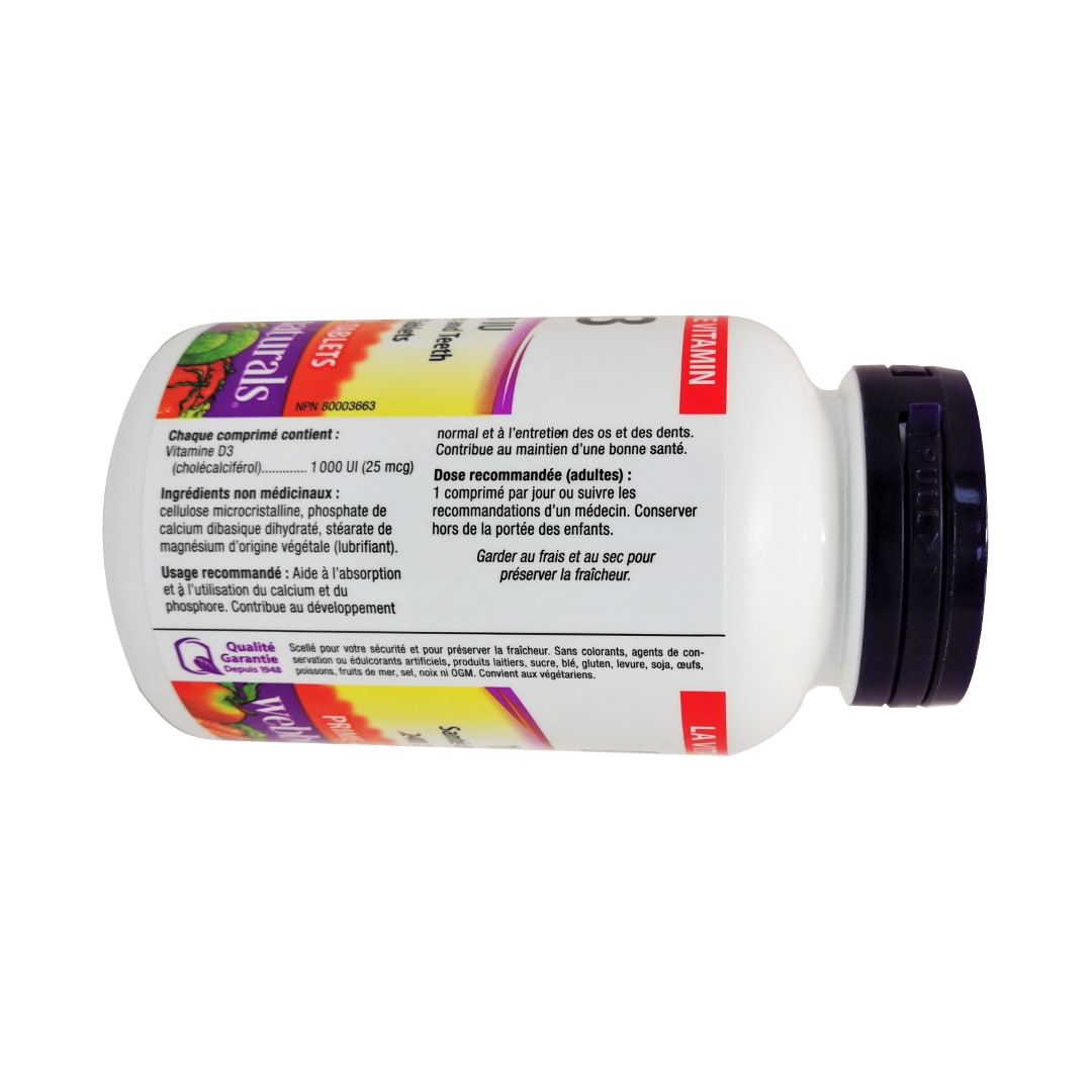 Product details, ingredients, purpose, and dose for webber naturals Vitamin D3 1000IU in French