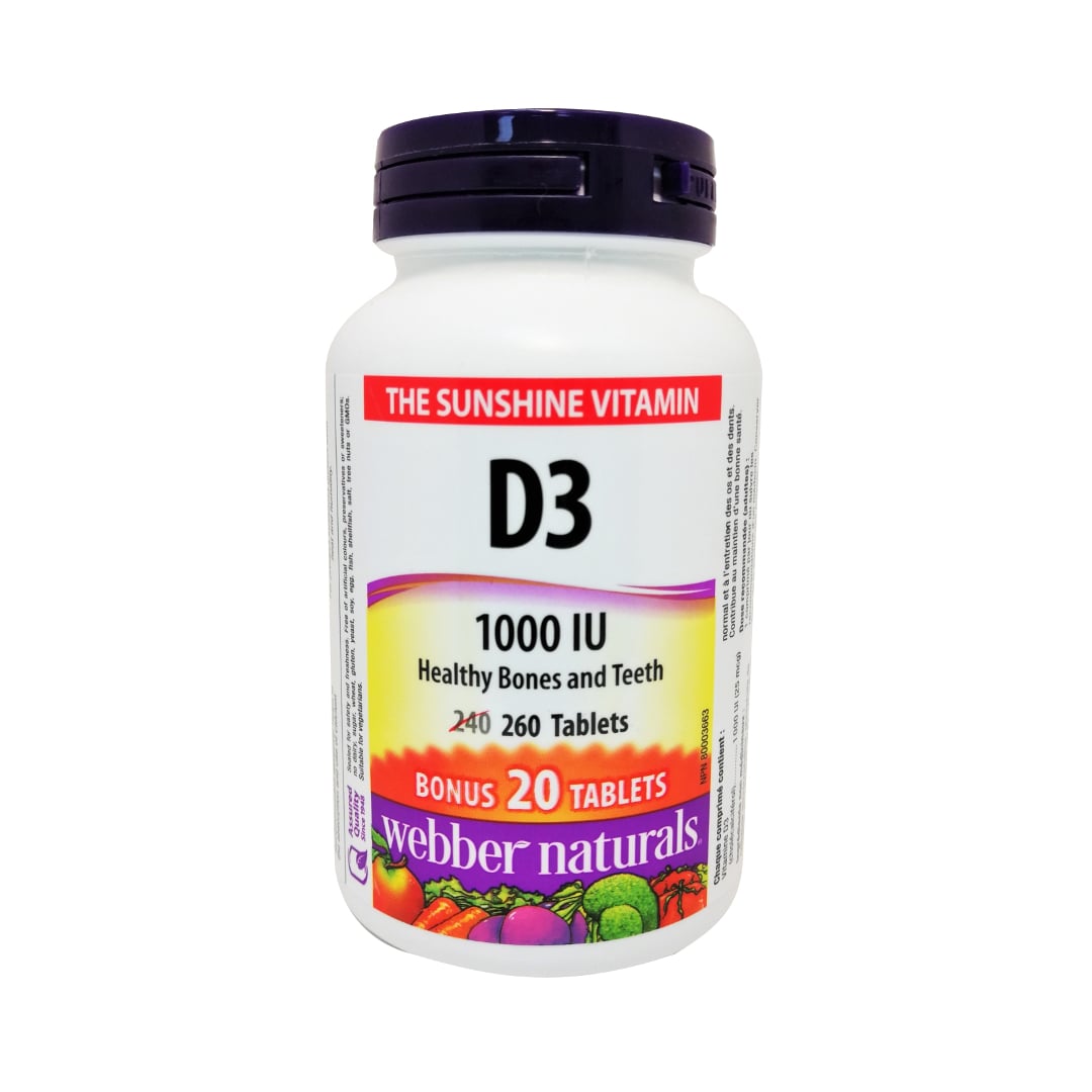 Product label for webber naturals Vitamin D3 1000IU in English