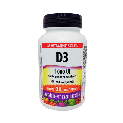 Product label for webber naturals Vitamin D3 1000IU in French