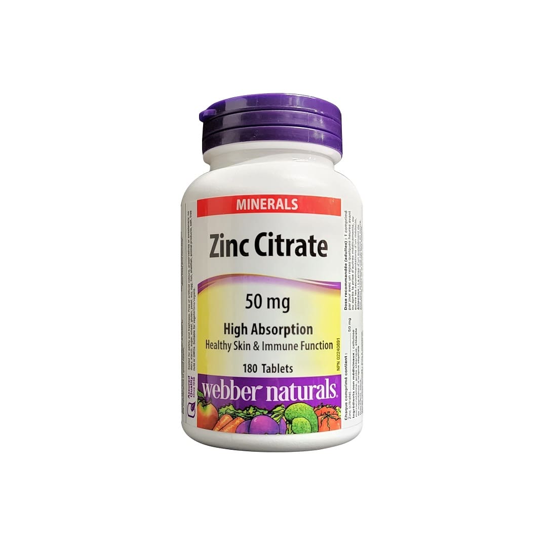 Product label for webber naturals Zinc Citrate 50 mg (180 tablets) in English
