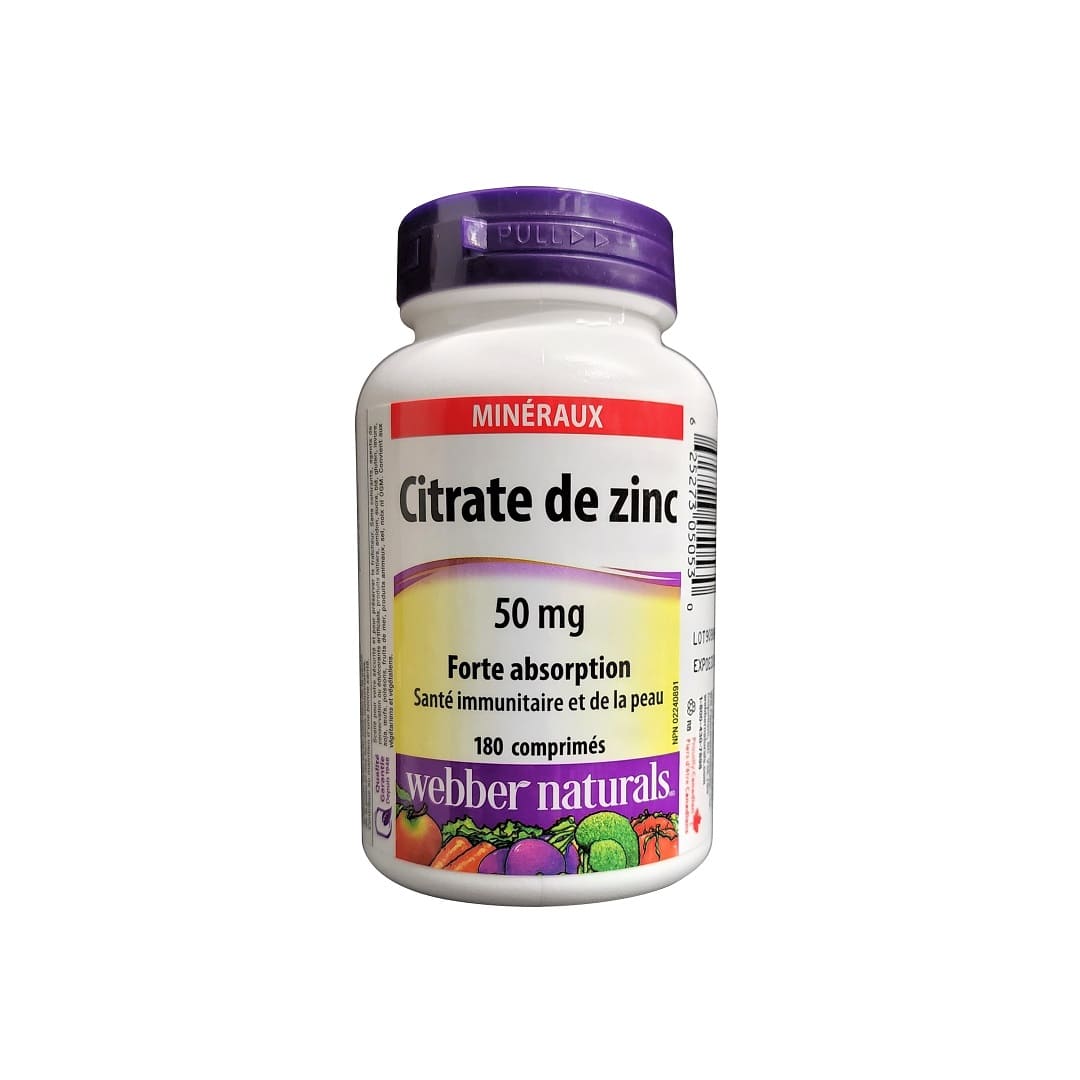 Product label for webber naturals Zinc Citrate 50 mg (180 tablets) in French